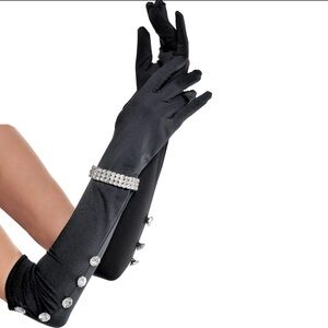 Elegant Long Black Satin Gloves w/Rhinestones and stretchy Rhinestone Bracelet